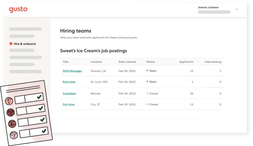 Gusto hiring dashboard showing active job postings, applicant tracking, interview progress, and hiring status by role
