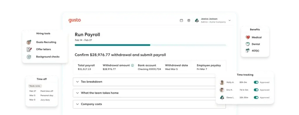 Gusto payroll dashboard showing upcoming payroll runs, off-cycle payroll, bonus payroll, and payroll options