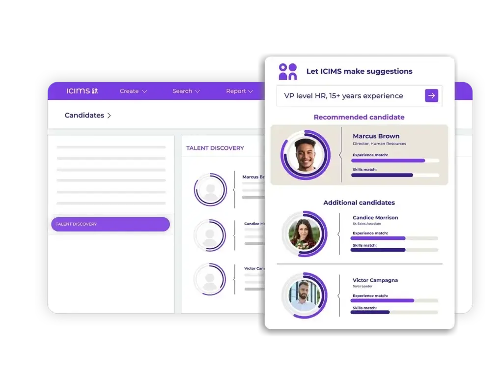 iCIMS AI recruiting assistant suggesting candidates based on skills and experience