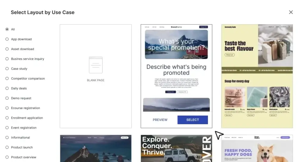 Instapage template library with landing page layouts organized by use case