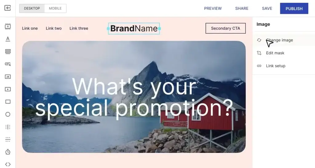 Instapage landing page editor showing drag-and-drop design tools and CTA layout