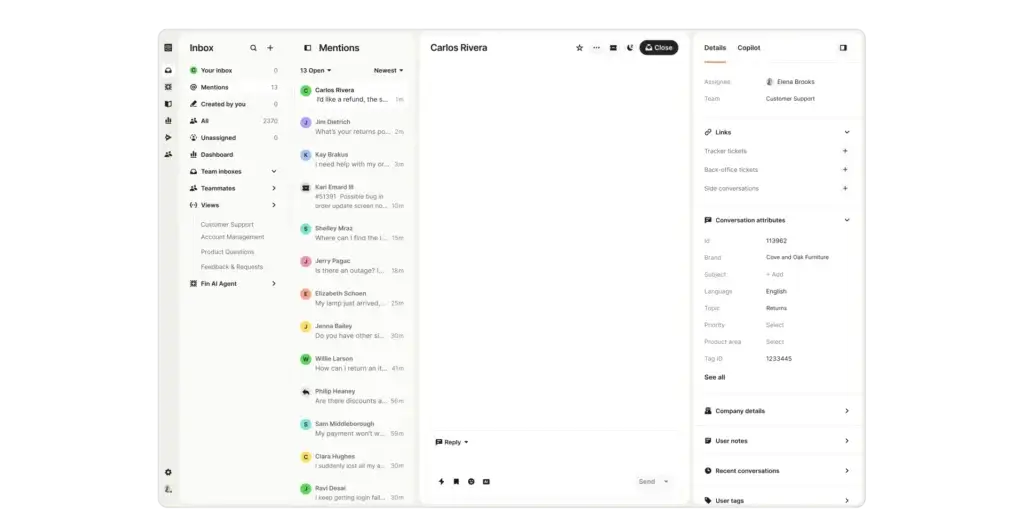 Intercom shared inbox with customer conversation details and agent workspace