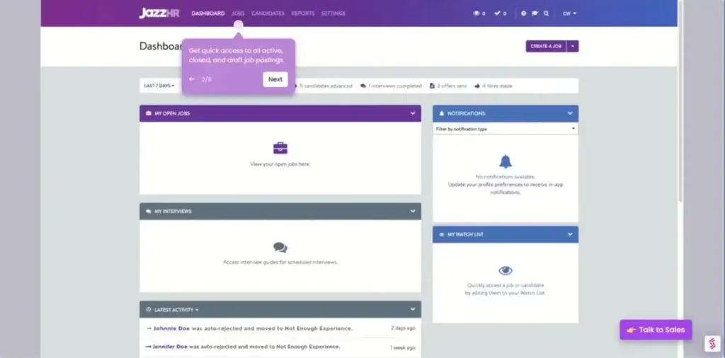 JazzHR dashboard with open jobs, interviews, notifications, and activity panels
