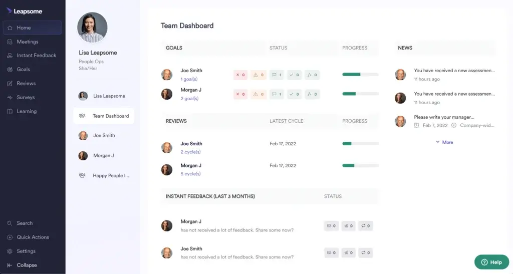 Leapsome team dashboard with goals reviews feedback and manager insights