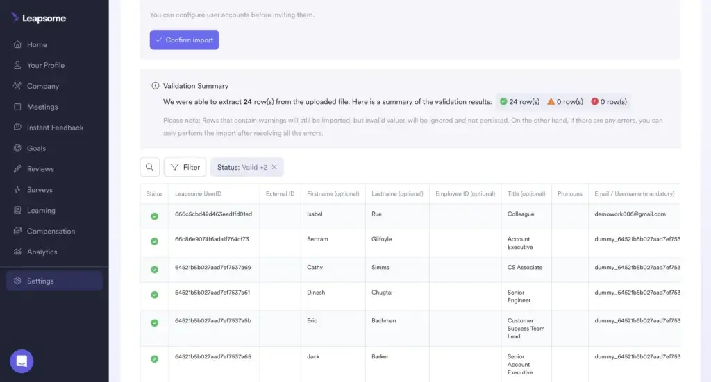 Leapsome employee import tool with validation summary and HR data setup