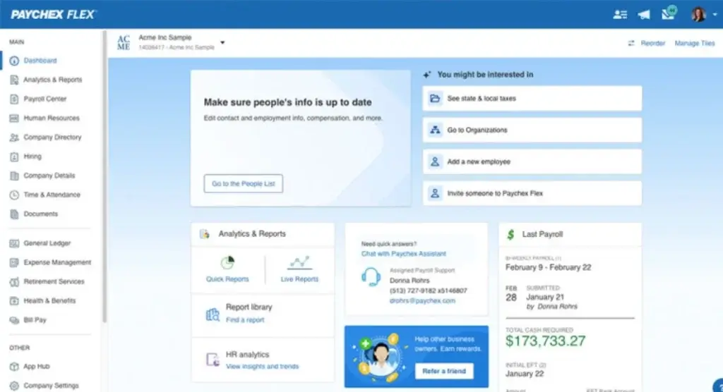 Paychex Flex dashboard with payroll, HR, analytics, and time and attendance tools