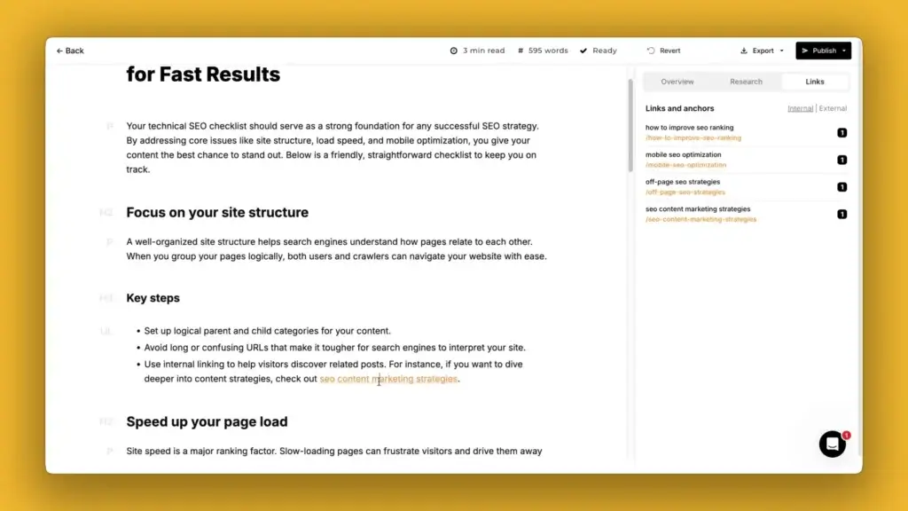 Machined.ai editor showing internal links and anchor text suggestions for related SEO articles