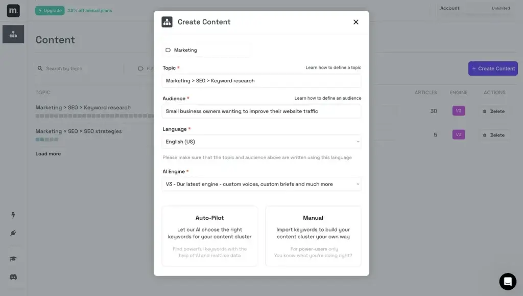 Machined.ai content creation window showing topic, audience, language, AI engine, and cluster setup options