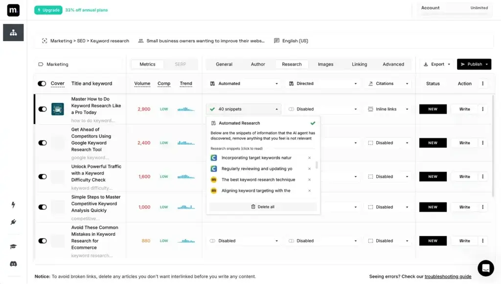 Machined.ai research interface showing automated research snippets and citation options for SEO article generation