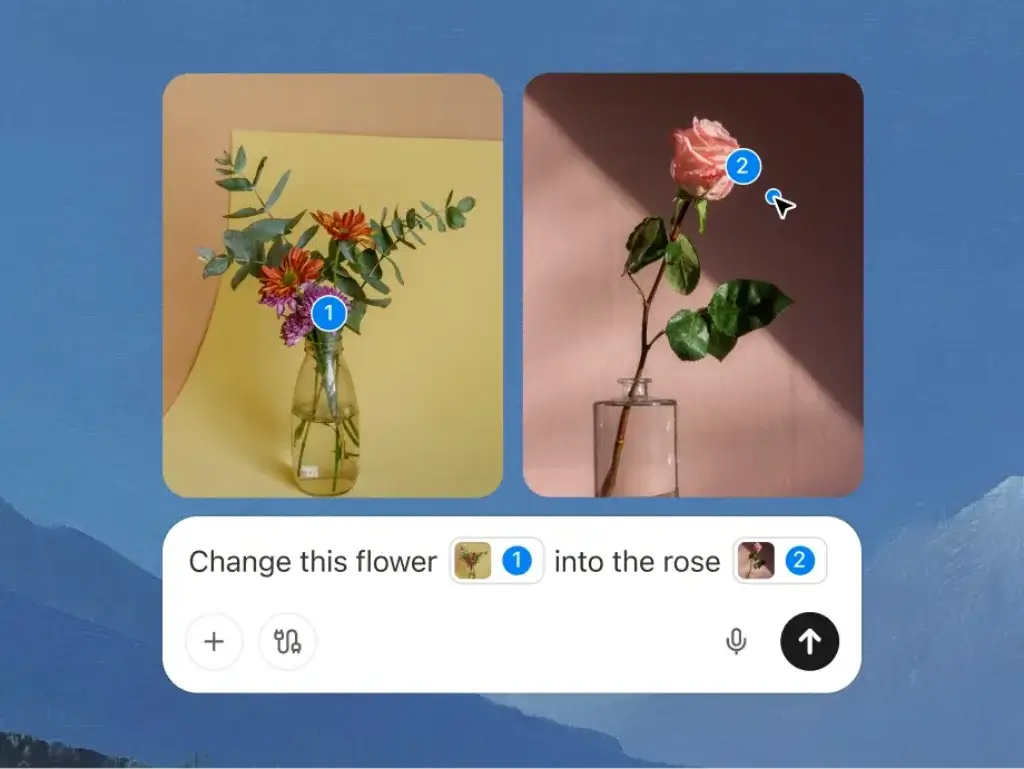 Manus AI image editing interface transforming one flower photo into a rose using visual references