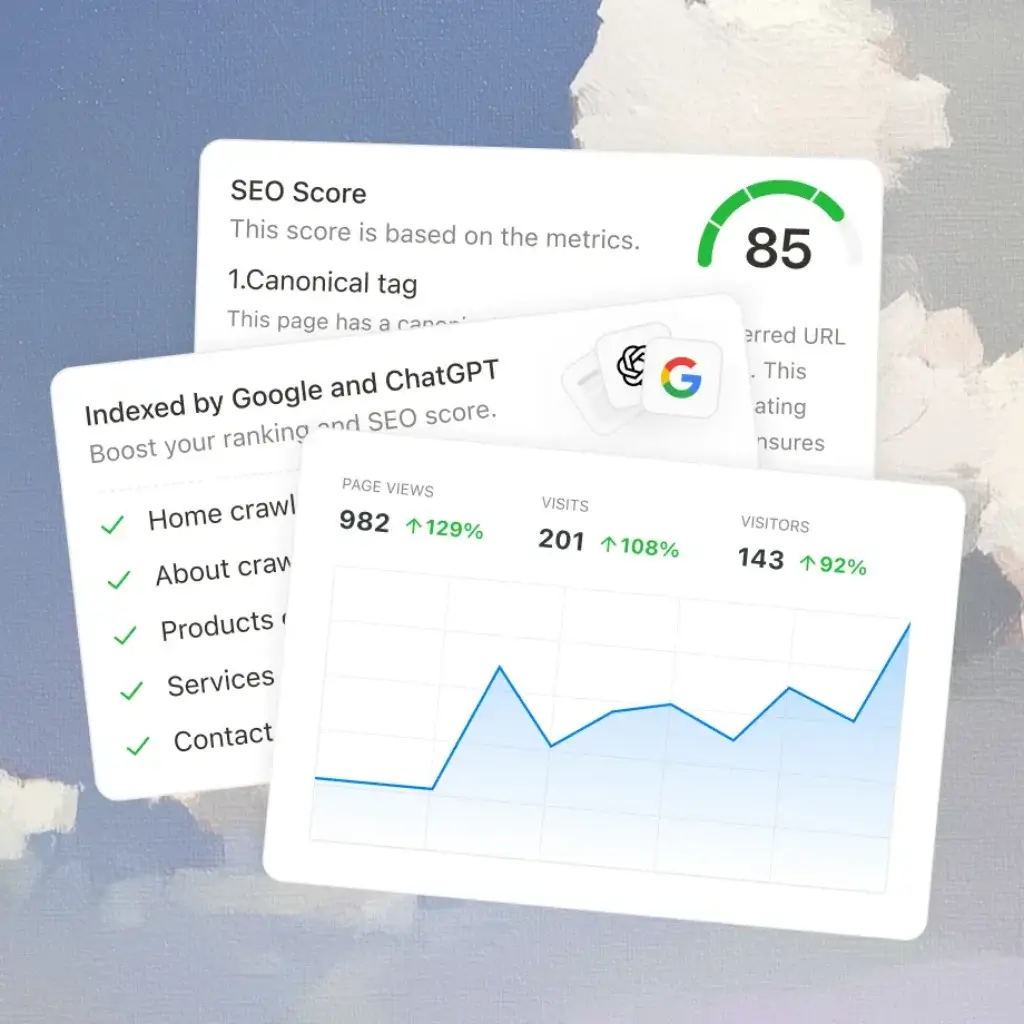 Manus website dashboard showing SEO score, Google indexing status, and traffic analytics growth