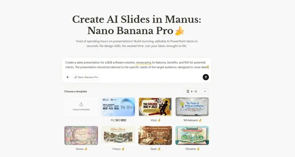 Manus AI slides generator creating a sales presentation from a prompt with editable presentation templates