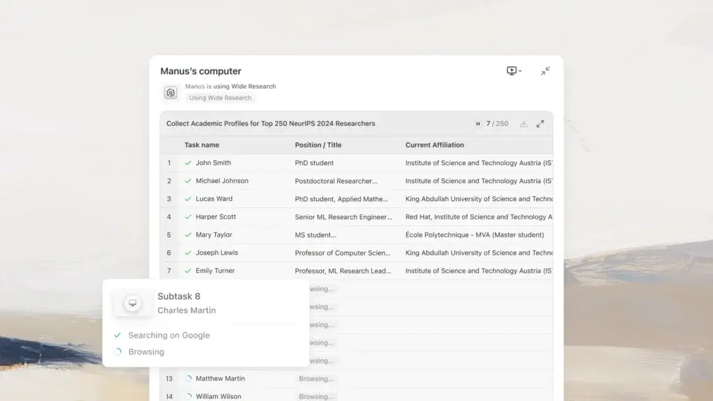 Manus Wide Research dashboard collecting academic profiles across multiple parallel research tasks