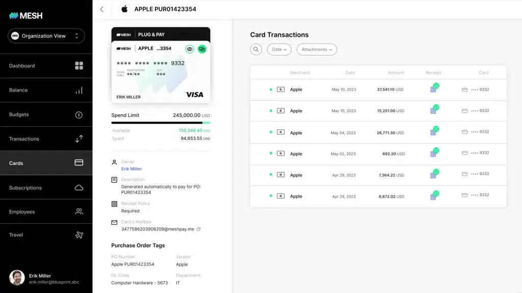 Mesh card transaction dashboard with spend limits and purchase order tags