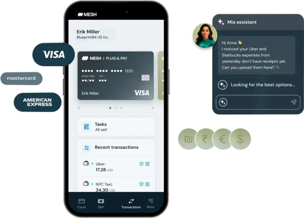 Mesh spend management app showing virtual cards, transactions, and AI assistant interface