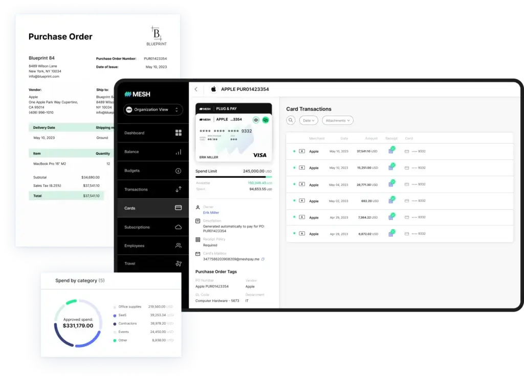Mesh spend management dashboard with purchase order and card transactions