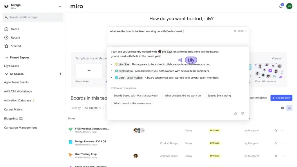 Miro AI search interface showing board discovery and collaborative workspace insights
