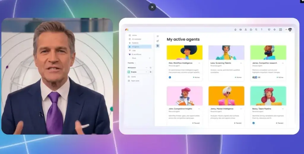 monday.com AI agents dashboard showing active workflow, hiring, and market intelligence agents