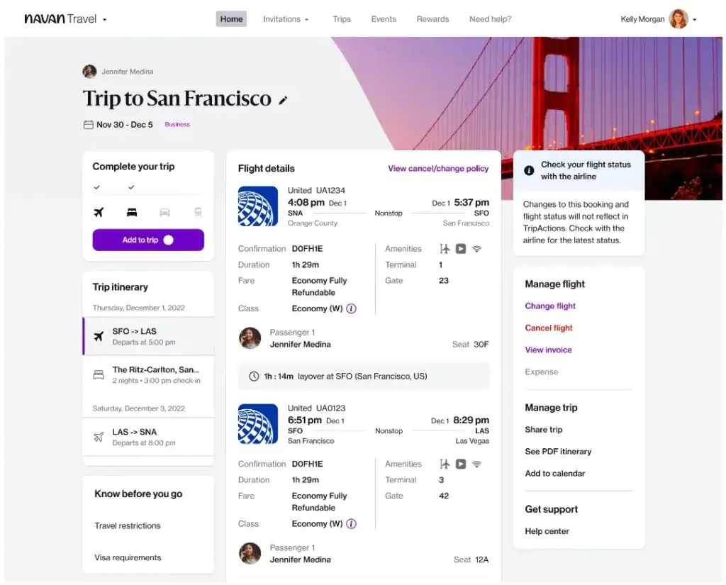 Navan travel dashboard showing business trip itinerary and flight details