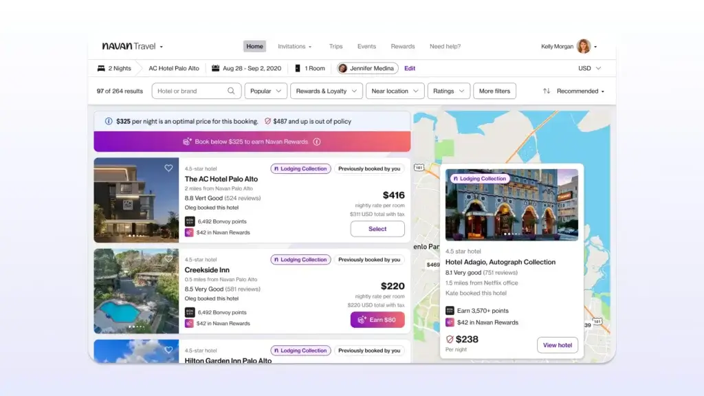 Navan hotel booking screen with policy guidance and map view