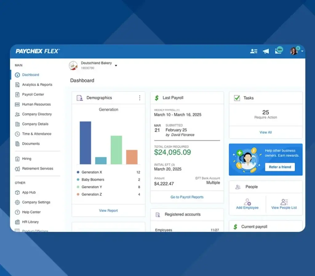 Paychex Flex analytics dashboard showing payroll totals, tasks, demographics, and employee tools