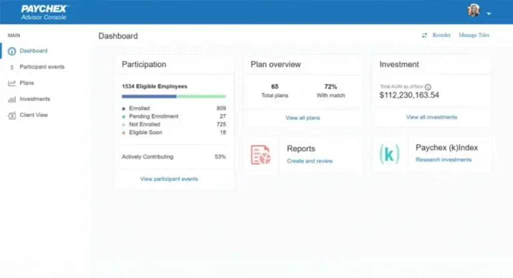Paychex Flex Advisor Console dashboard for retirement plan participation, reports, and investments