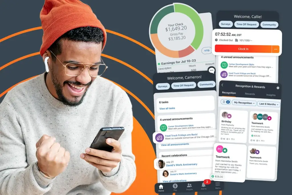 Paylocity mobile app showing pay, time tracking, announcements, and employee recognition