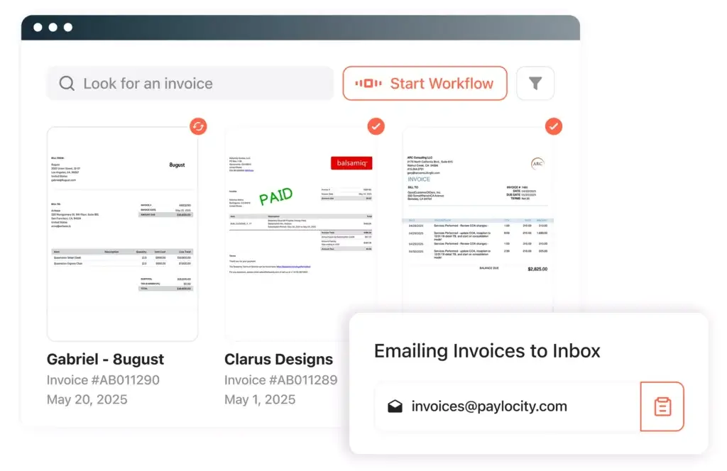Paylocity for Finance automated invoice management workflow
