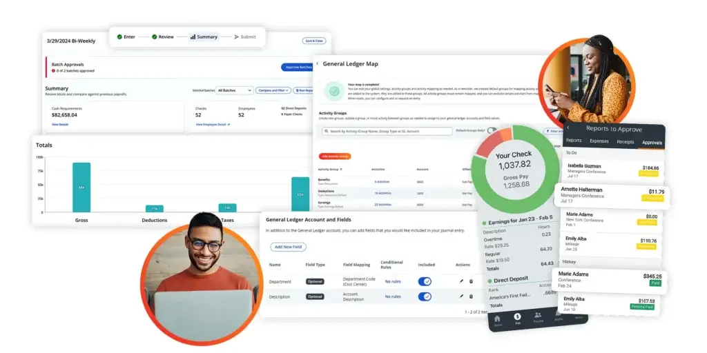 Paylocity payroll dashboard with approvals, reporting, general ledger mapping, and pay summary