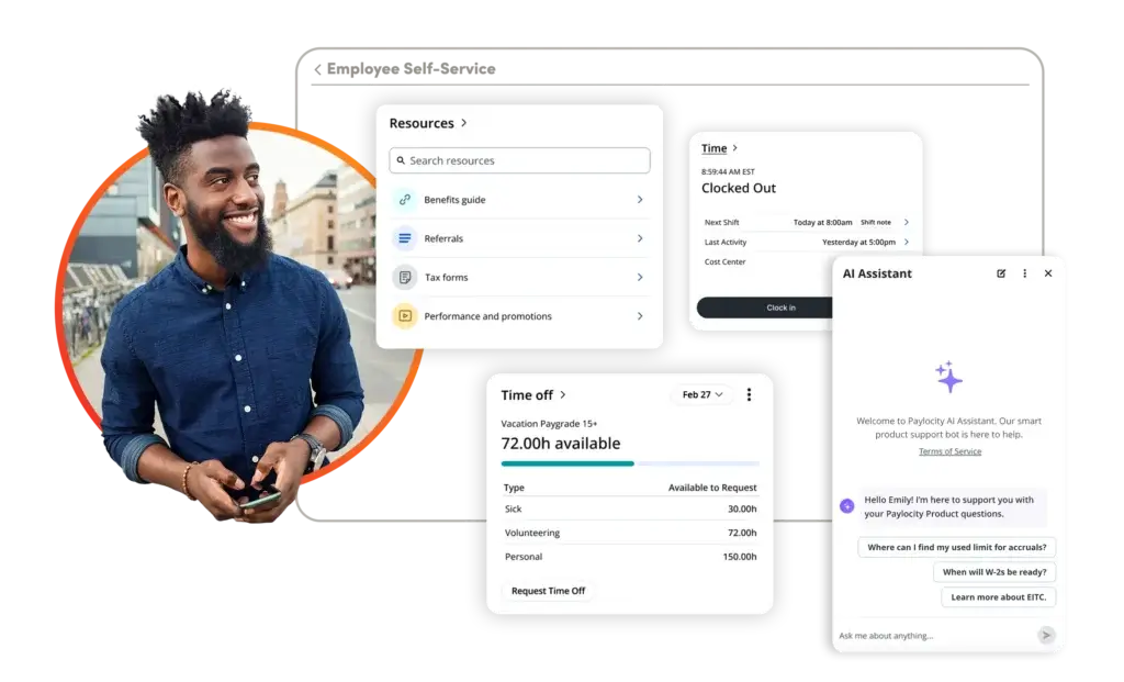 Paylocity employee self-service portal with resources, time off, time tracking, and AI Assistant