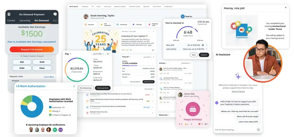 Paylocity all-in-one platform dashboard with HR, payroll, time off, employee voice, and AI Assistant