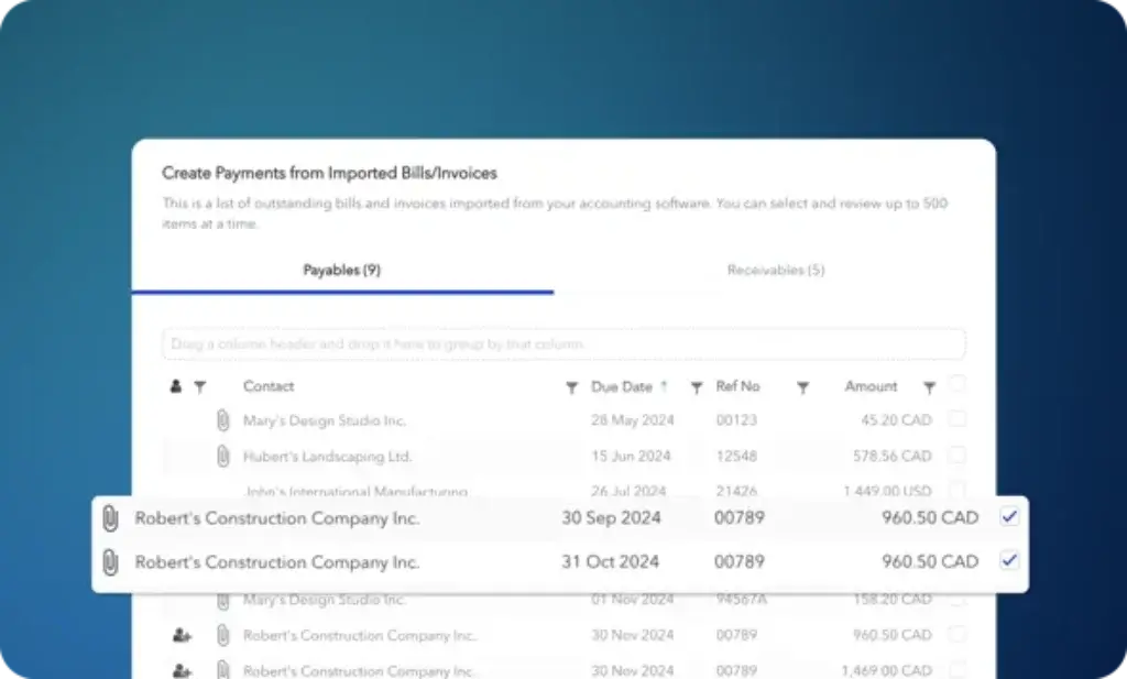 Plooto batch payment creation screen for imported bills and invoices