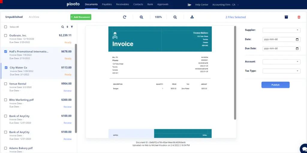 Plooto invoice capture screen with document review and supplier fields