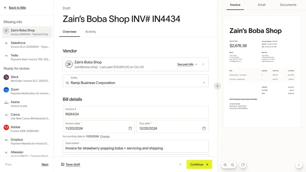 Ramp invoice review screen with vendor details, bill fields, and invoice preview