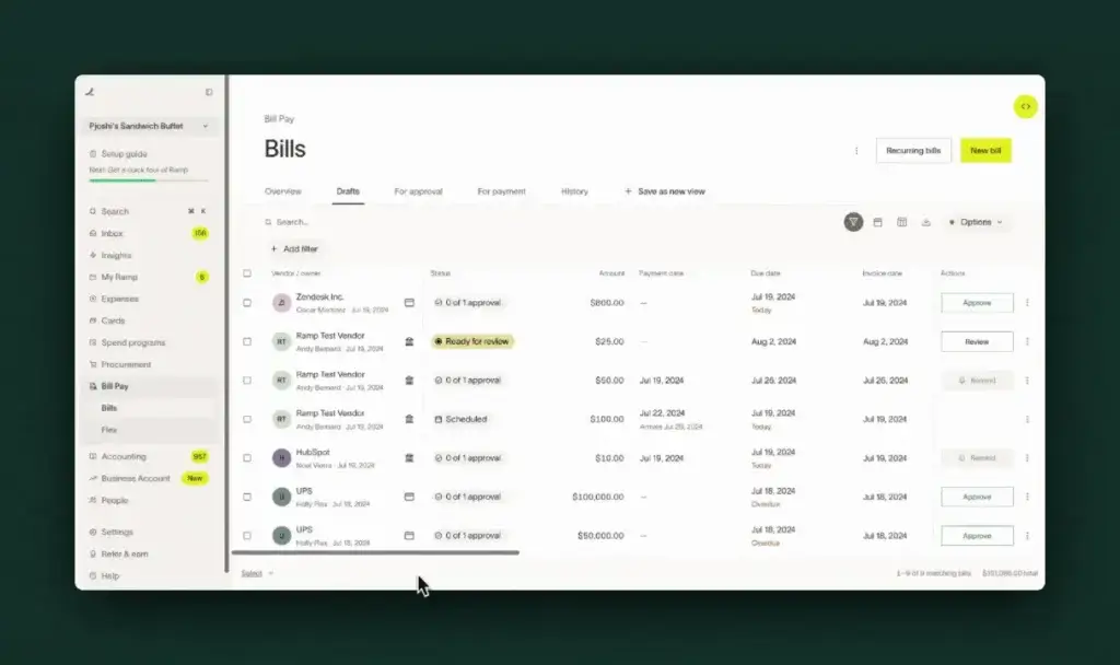 Ramp bill pay dashboard showing invoice approvals, payment status, and vendor bills