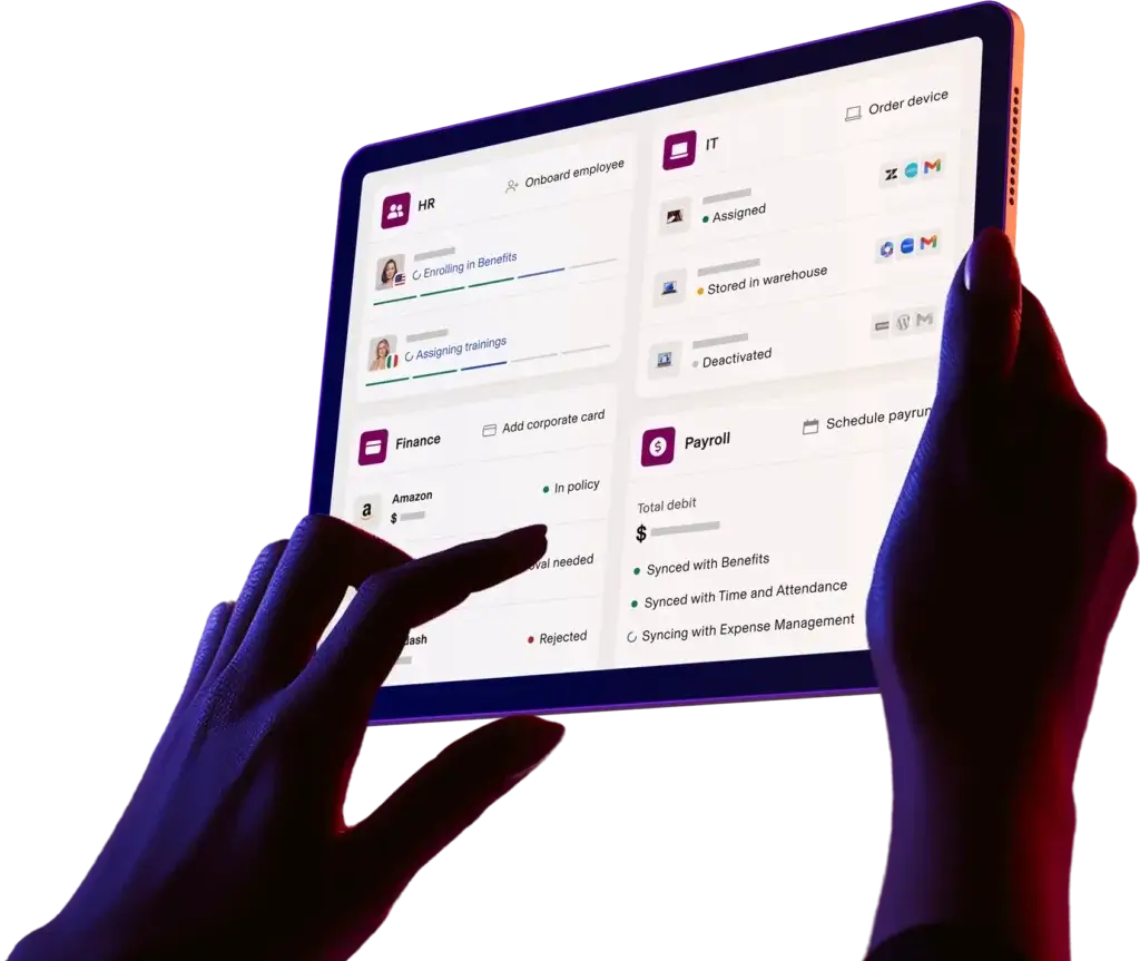 Rippling dashboard connecting HR, IT, finance, and payroll workflows