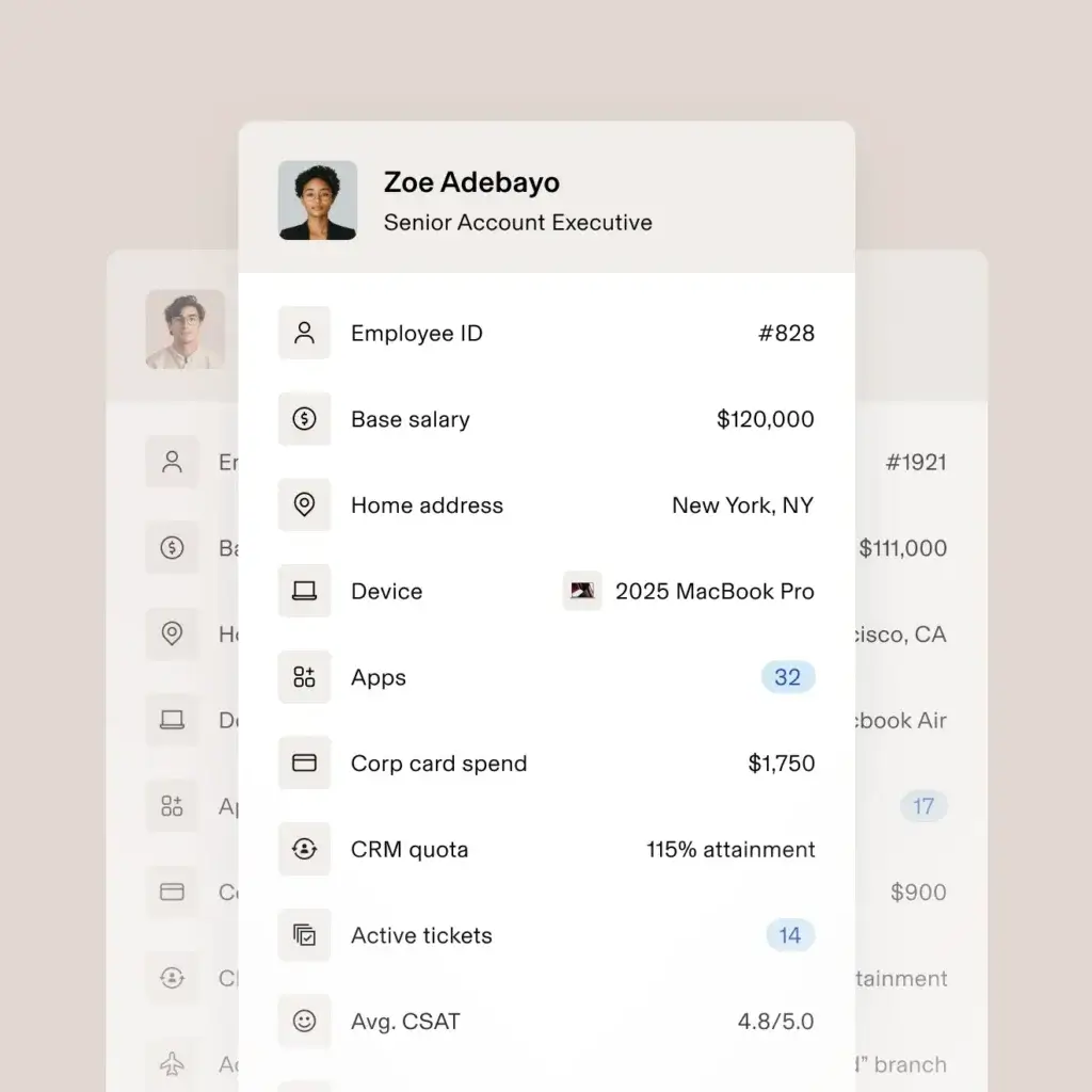 Rippling employee profile showing HR, device, app, spend, and performance data