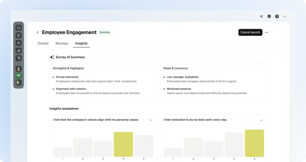 Shapes employee engagement dashboard with survey AI summary and engagement insights