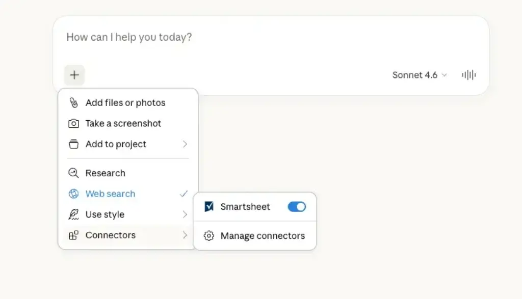 Smartsheet connector setup in Claude interface for connected project data and AI workflows