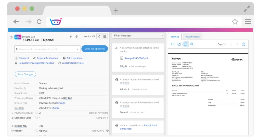Stampli invoice workspace with approval routing comments and receipt details