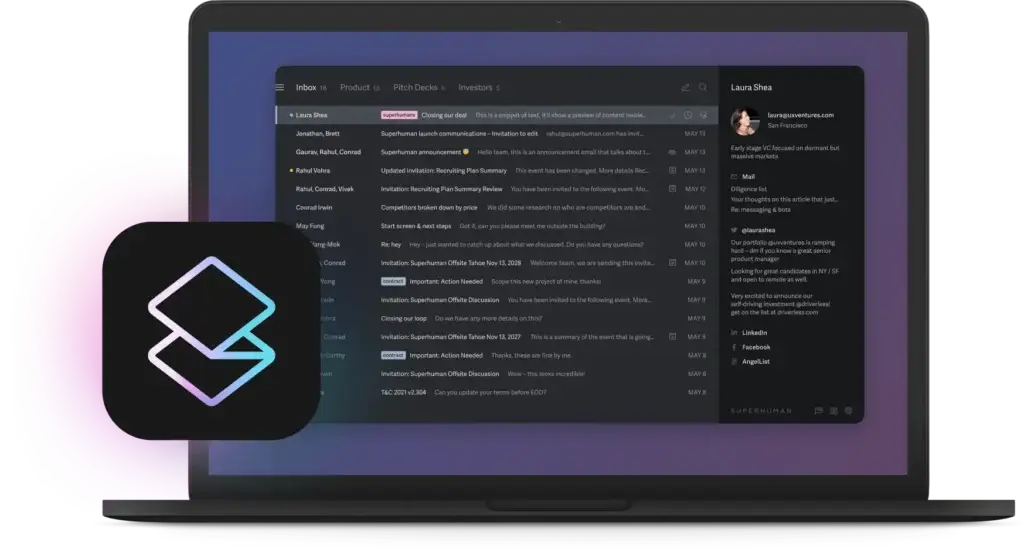 Superhuman Mail email app in dark mode showing inbox, message preview, and contact panel on a laptop