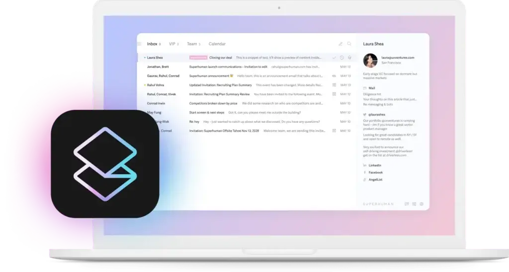 Superhuman Mail inbox in light mode with split sections, contact details, and message list displayed on a laptop
