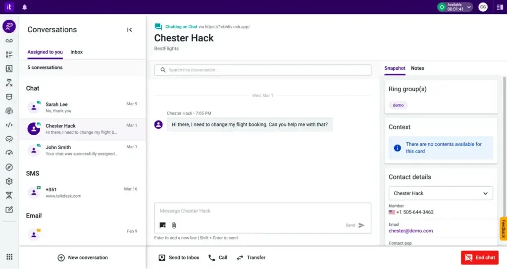 Talkdesk digital engagement inbox with chat conversation and customer details