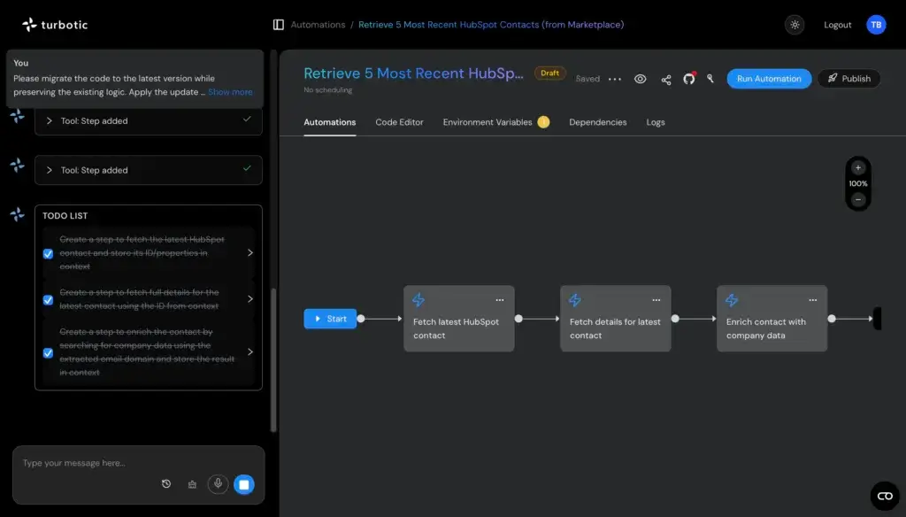 Turbotic workflow builder showing multi-step HubSpot automation sequence