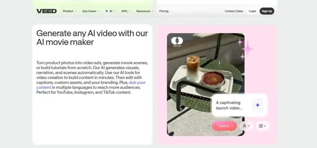 VEED AI movie maker creating marketing videos from product visuals and prompts