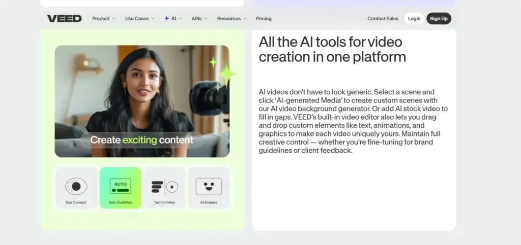 VEED AI video tools dashboard with auto subtitles eye contact text to video and AI avatars