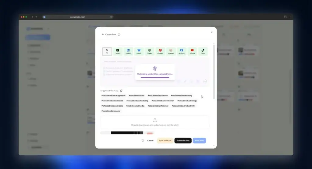 SocialRails post creation window with AI-assisted content workflow and publishing options for multiple social networks