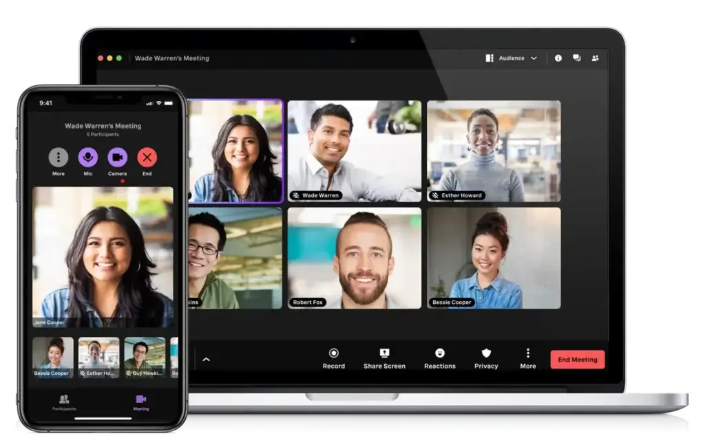 Vonage video meeting on laptop and mobile app