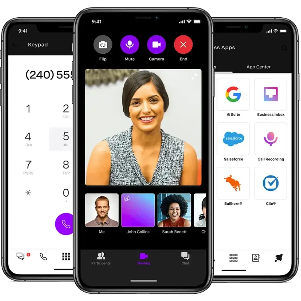 Vonage mobile app screens for calling meetings and app integrations