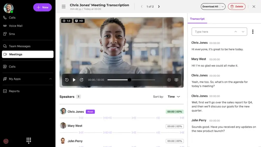 Vonage meeting transcription screen with speaker timeline